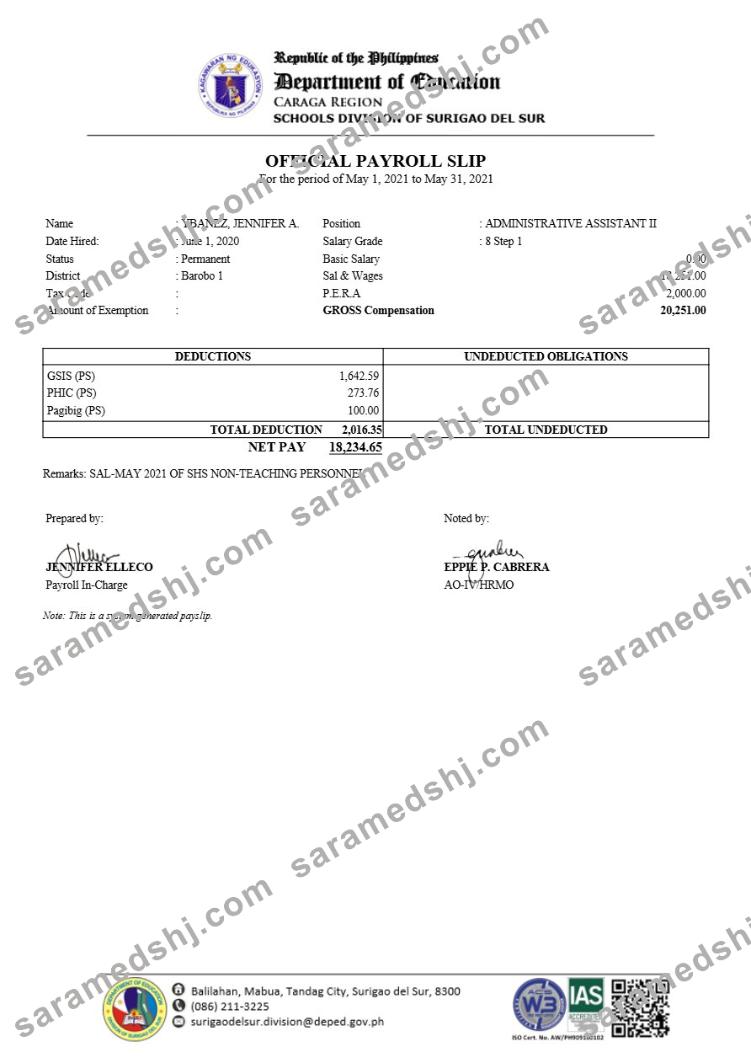 Philippines Schools Division of Surigao Del Sur payroll slip template in Word and PDF formats.pdf, 1
